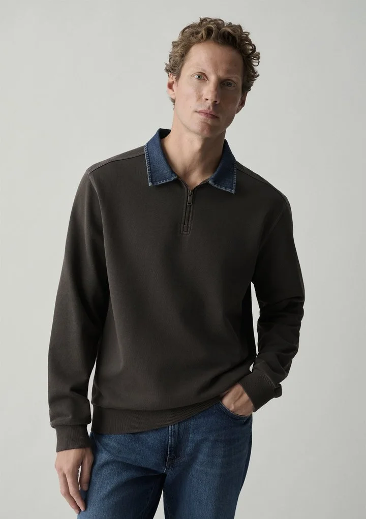 Erkek Denim Yaka Kahverengi Polo Sweatshirt