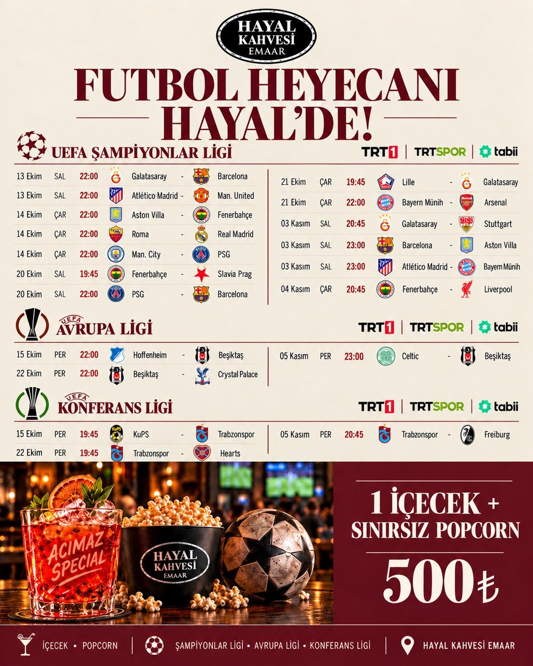 Hayal Kahvesi Emaar'da Futbol Heyecanı: 1 İçecek + Sınırsız Popcorn