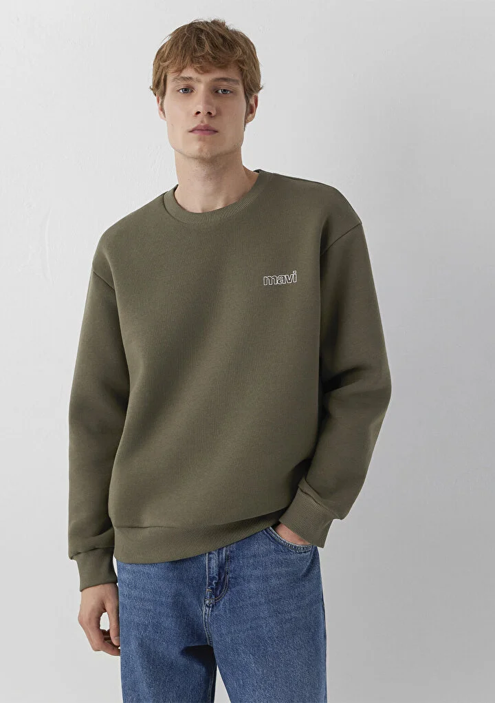 Erkek Mavi Logo Baskılı Haki Sweatshirt