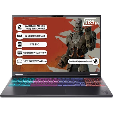 Acer Nitro 18 Ryzen AI 9 365 32GB 1TB SSD RTX5070 18 inç 165Hz FreeDOS Gaming Laptop
