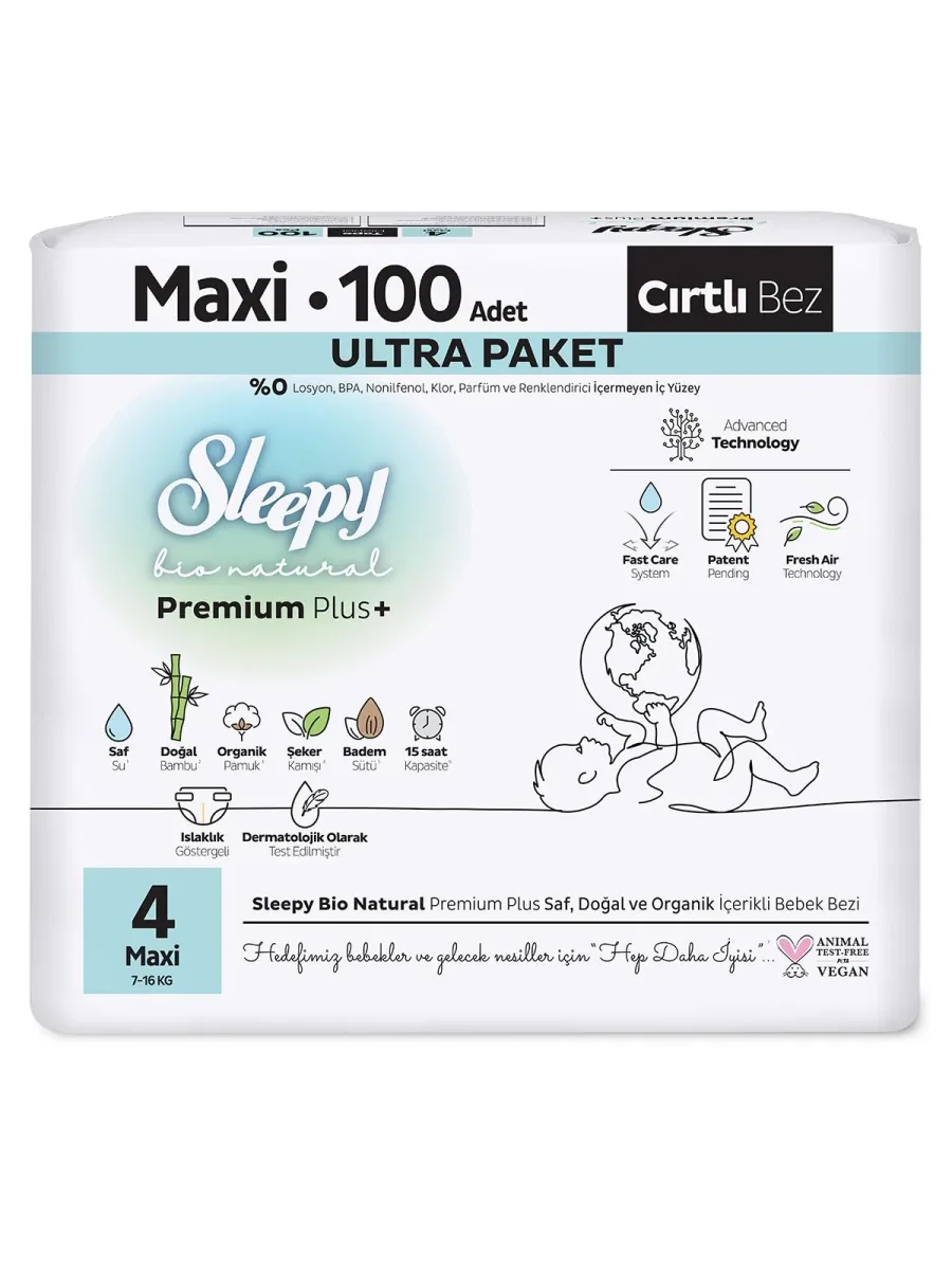 Sleepy Bio Natural Bebek Bezi Premium Plus 4 Beden Maxi 100 Adet