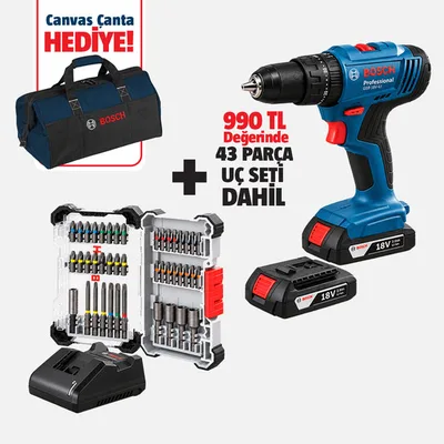 Bosch GSB 183-LI Çift Akülü Vidalama 2.0 Ah 43 Parça Uç Setli