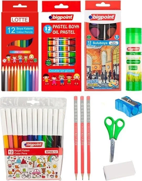 Bigpoint Okul Seti (Sulu, Kuru, Pastel Boya ve Keçeli Kalem Dahil 9 Parça)