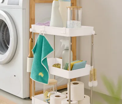 Tchibo 3 Katlı Tekerlekli Malzeme Arabası 22x60x40 cm Bej
