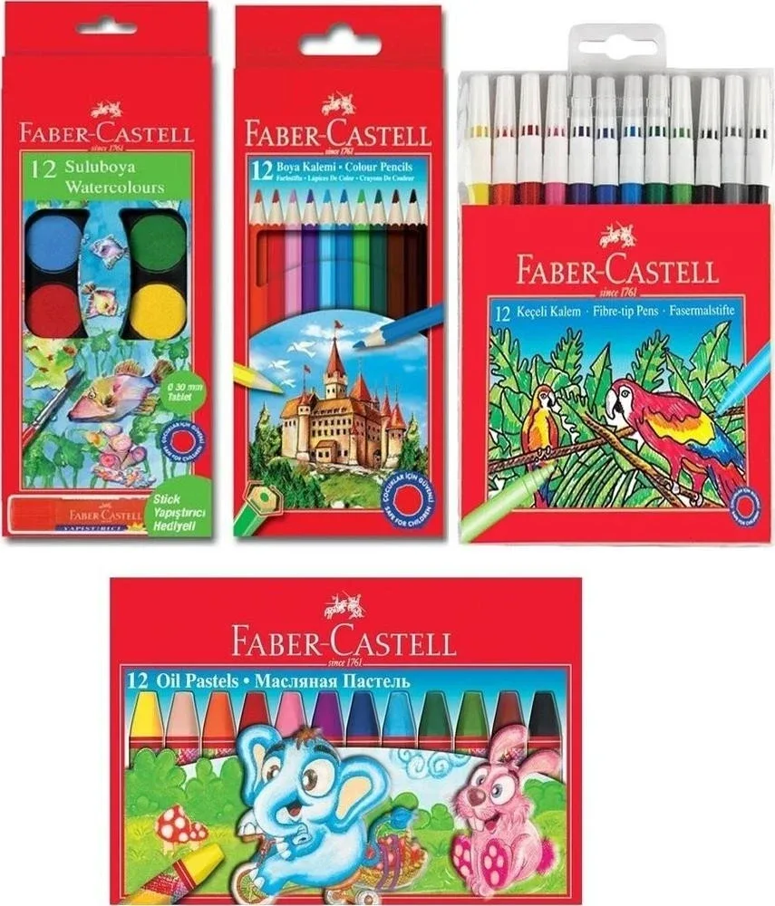 Faber-Castell 4'lü Boya Seti (12'li Kuru, Sulu, Pastel ve Keçeli Boya)